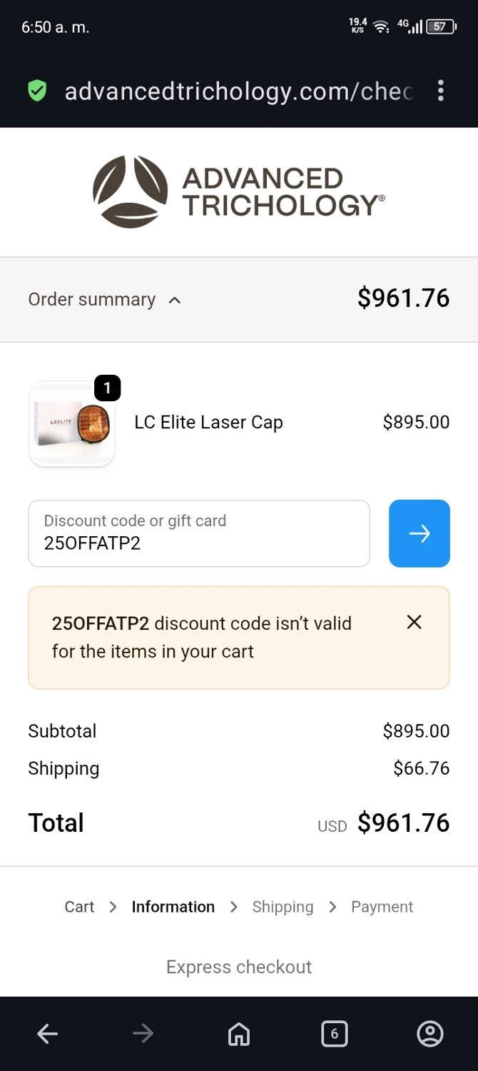 Advanced Trichology promo code screenshot showing code 25OFFATP2 applied at Advanced Trichology checkout page. Uploaded by SimplyCodes community member terricameron on Nov 7, 2025