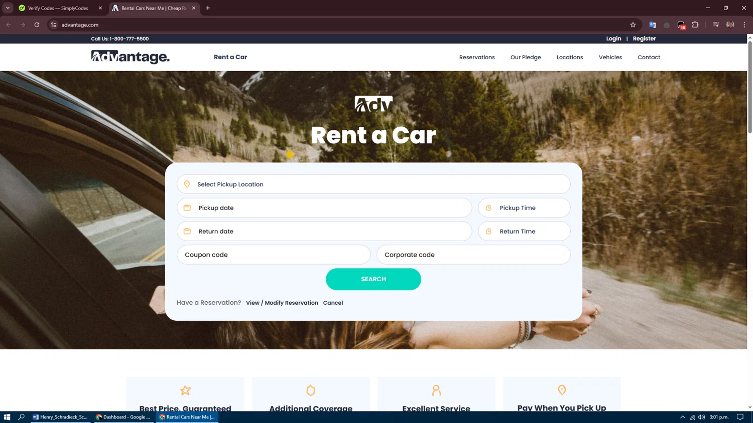 Advantage Rent a Car checkout page showing Advantage Rent a Car coupon code box | Screenshot taken by SimplyCodes community member on Mar 7, 2025