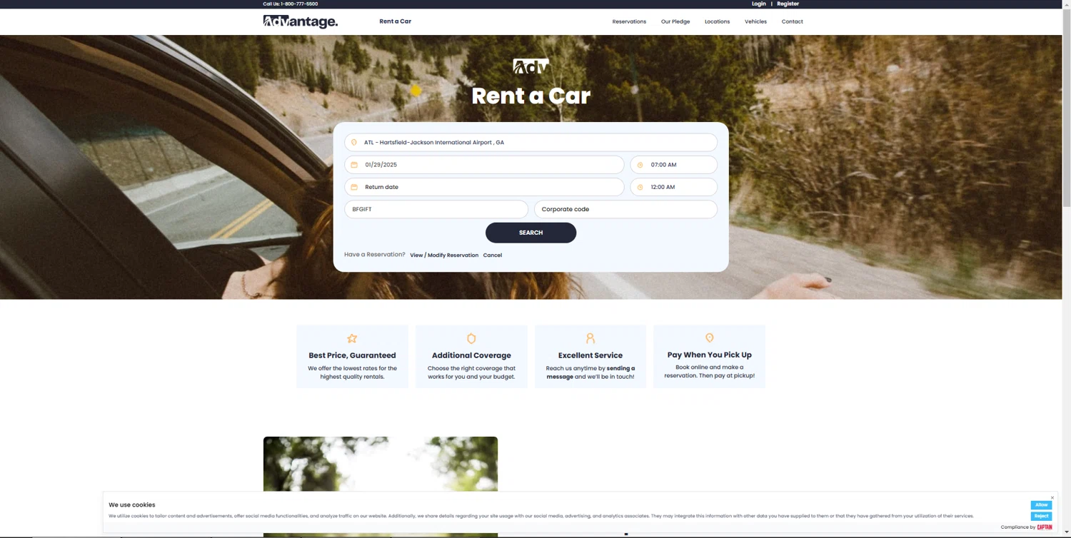 Advantage Rent a Car checkout page showing Advantage Rent a Car coupon code box | Screenshot taken by SimplyCodes community member on Jan 29, 2025