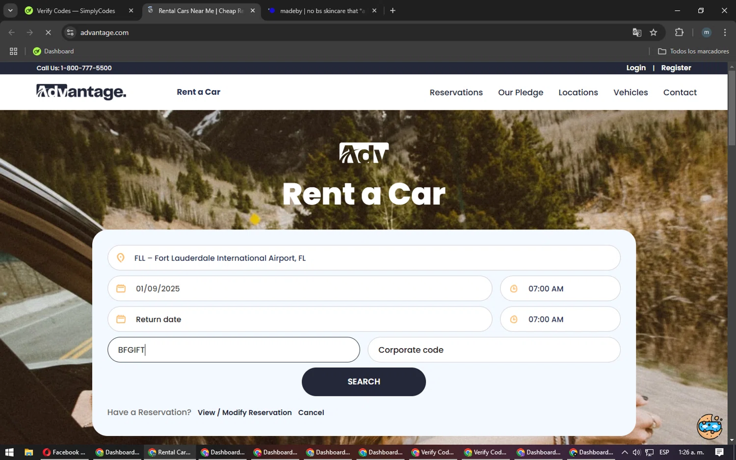 Advantage Rent a Car checkout page showing Advantage Rent a Car coupon code box | Screenshot taken by SimplyCodes community member on Jan 8, 2025