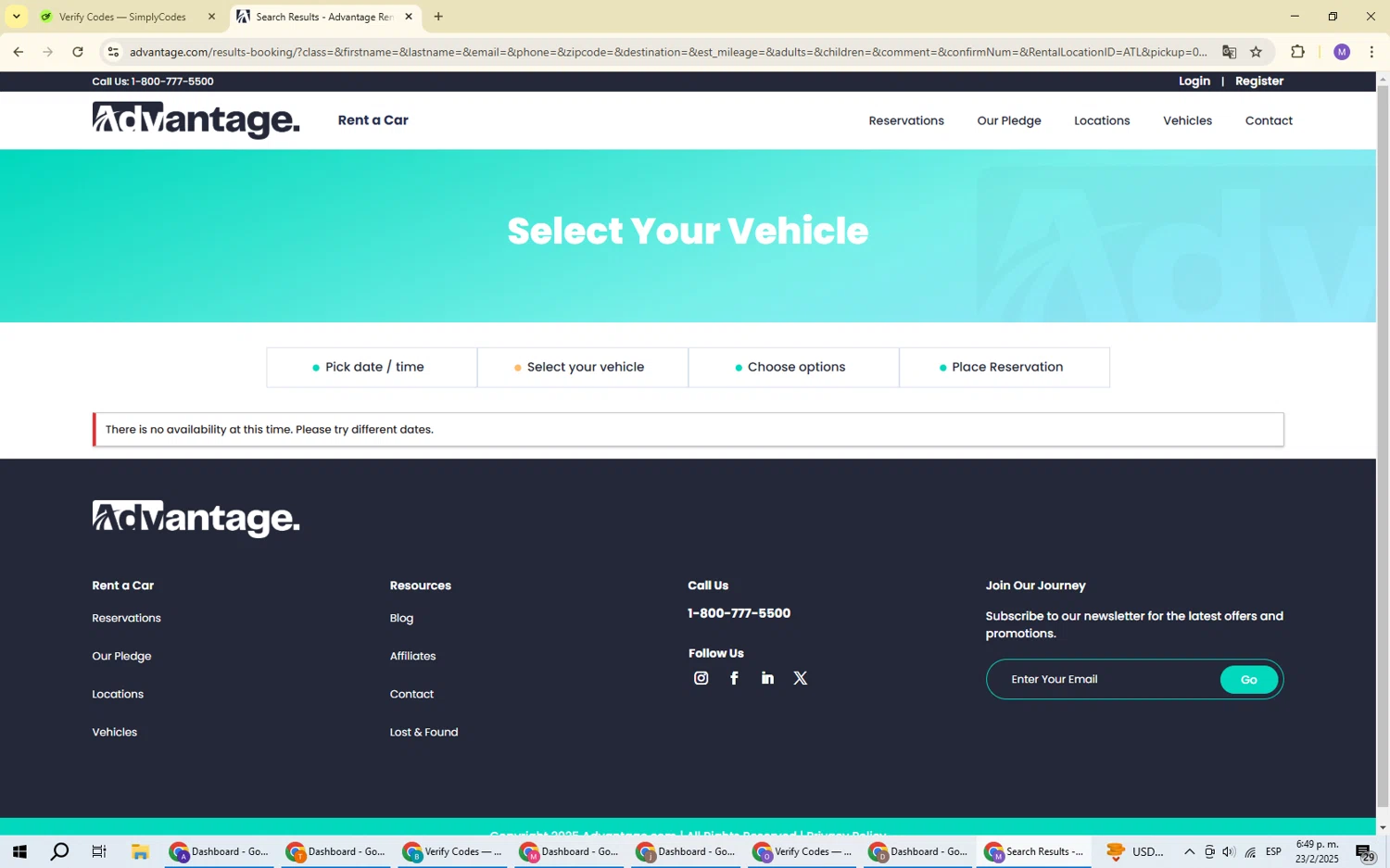 Advantage Rent a Car checkout page showing Advantage Rent a Car coupon code box | Screenshot taken by SimplyCodes community member on Feb 23, 2025