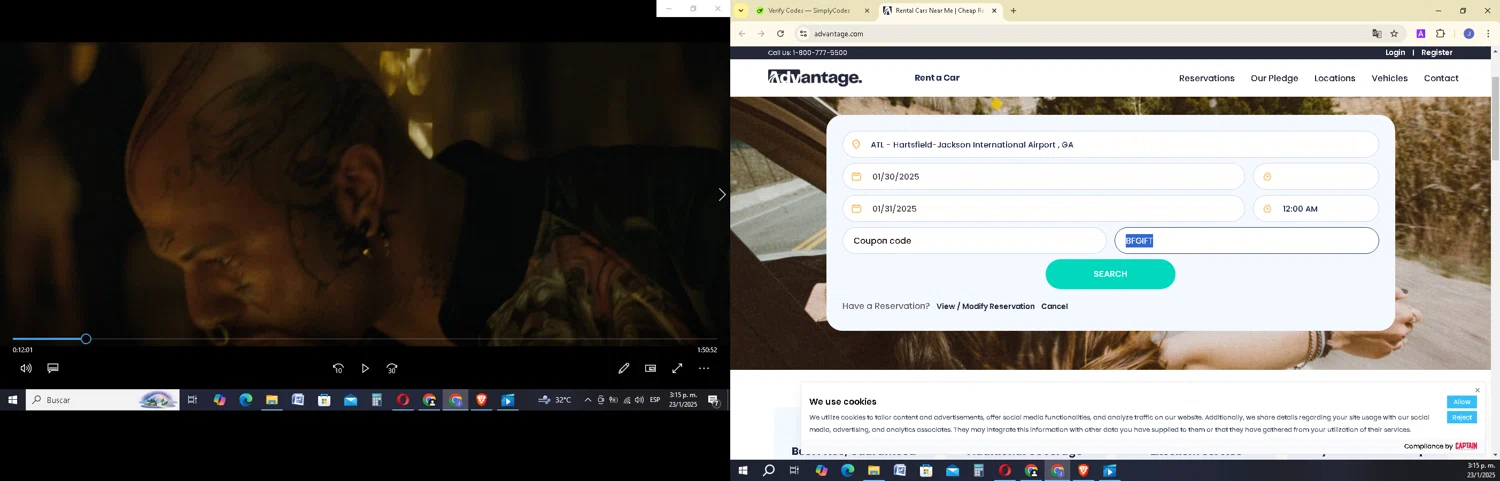 Advantage Rent a Car checkout page showing Advantage Rent a Car coupon code box | Screenshot taken by SimplyCodes community member on Jan 23, 2025
