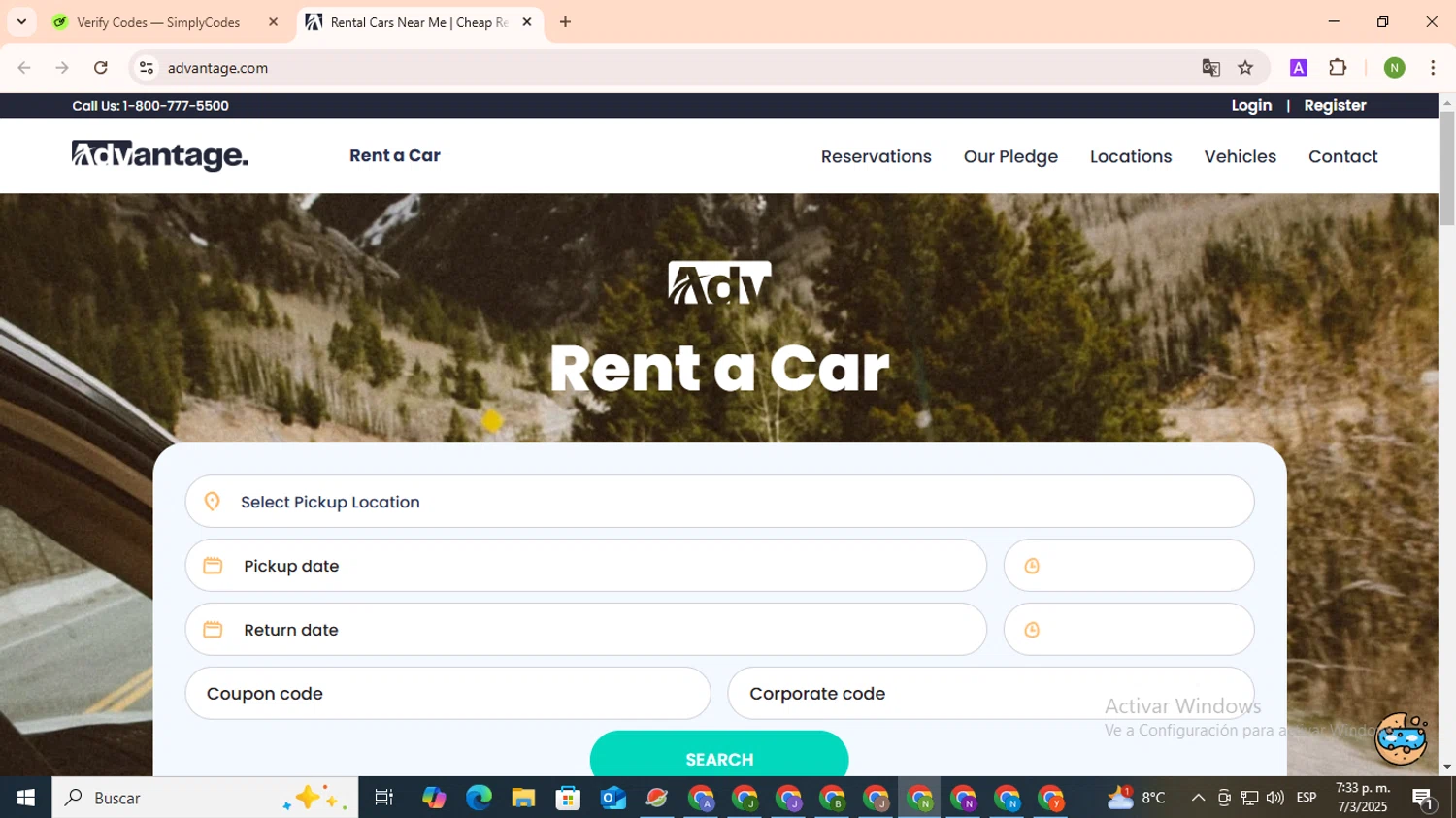 Advantage Rent a Car coupon code screenshot showing code BFGIFT applied at Advantage Rent a Car checkout page. Uploaded by SimplyCodes community member TokenMaverick6956 on Mar 8, 2025