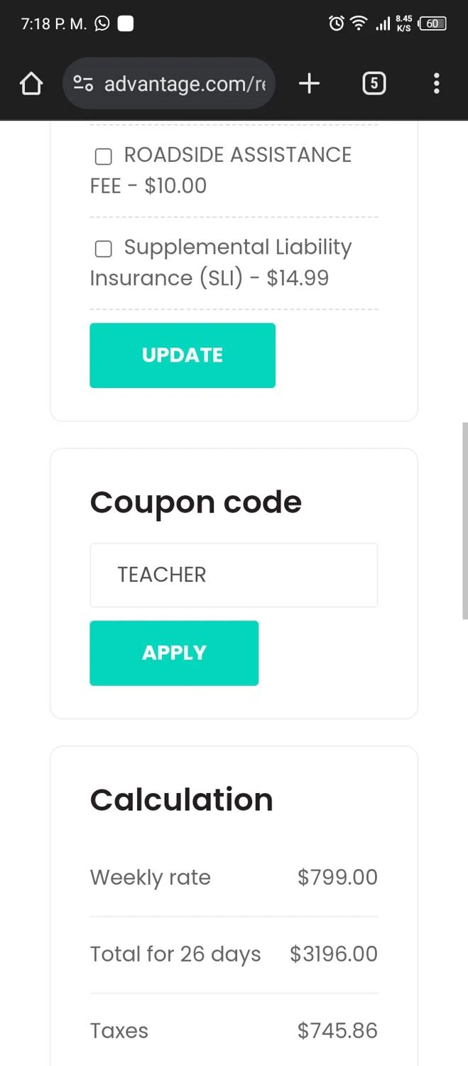 Advantage Rent a Car checkout page showing Advantage Rent a Car coupon code box | Screenshot taken by SimplyCodes community member on Oct 22, 2023
