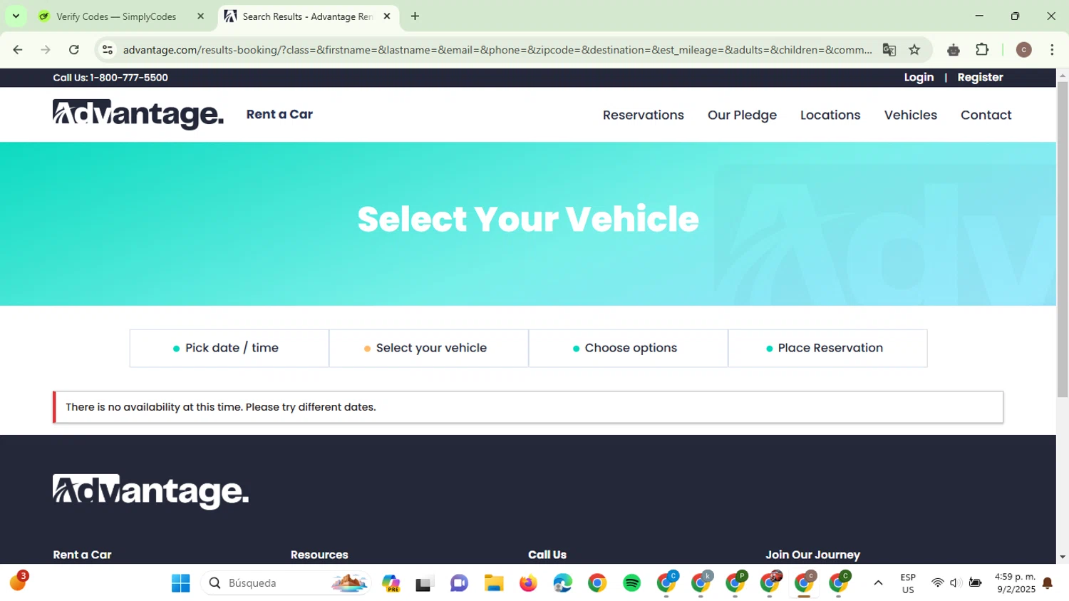 Advantage Rent a Car coupon code screenshot showing code RMNDISCOUNT applied at Advantage Rent a Car checkout page. Uploaded by SimplyCodes community member NobleExpert6497 on Feb 9, 2025