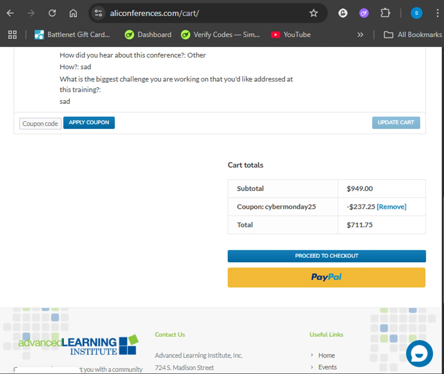 Advanced Learning Institute checkout page showing Advanced Learning Institute promo code box | Screenshot taken by SimplyCodes community member on Apr 27, 2025