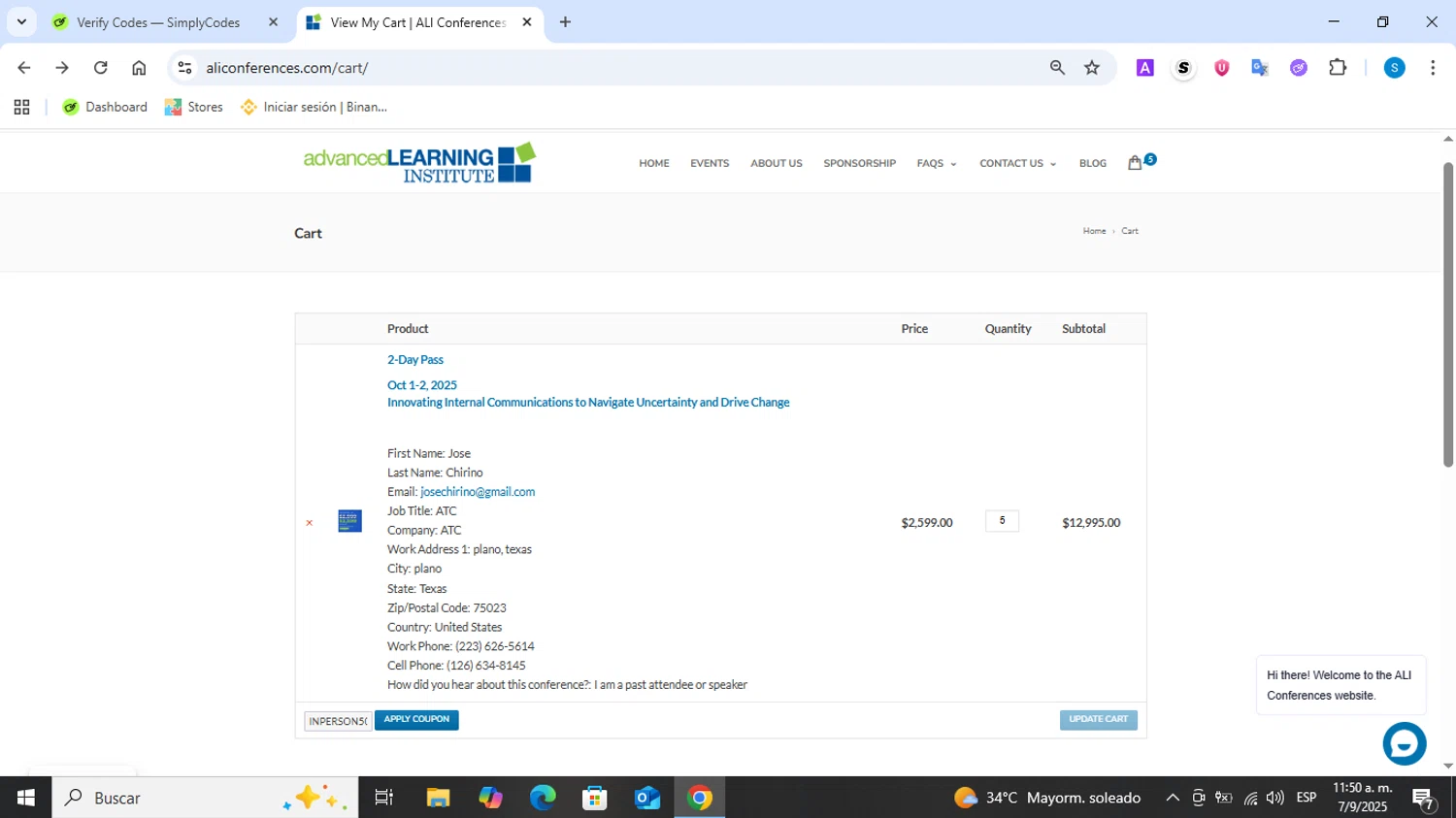 Advanced Learning Institute promo code screenshot showing code INPERSON500 applied at Advanced Learning Institute checkout page. Uploaded by SimplyCodes community member Tsubaki on Sep 7, 2025