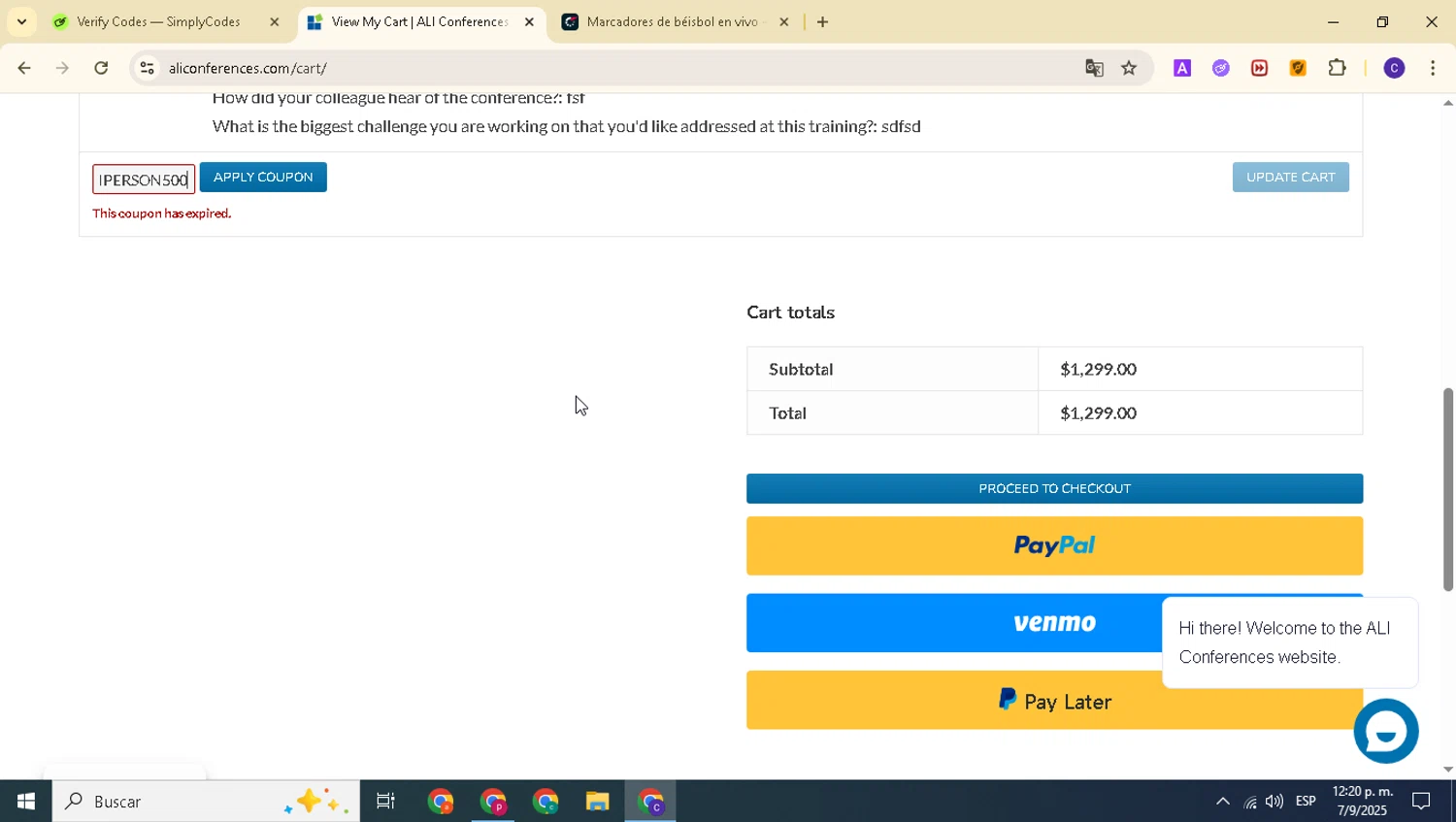 Advanced Learning Institute promo code screenshot showing code INPERSON500 applied at Advanced Learning Institute checkout page. Uploaded by SimplyCodes community member alexanderarnold on Sep 7, 2025