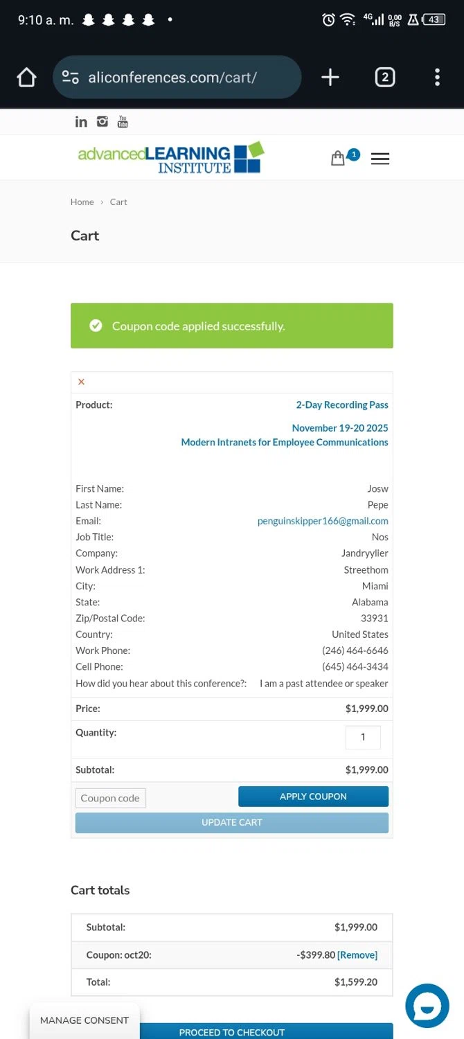 Advanced Learning Institute checkout page showing Advanced Learning Institute promo code box | Screenshot taken by SimplyCodes community member on Jan 23, 2026