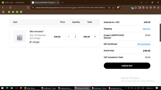 Advanced Nutrition Programme checkout page showing Advanced Nutrition Programme discount code box | Screenshot taken by SimplyCodes community member on Apr 23, 2025