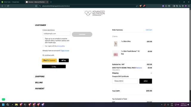 Advanced Nutrition Programme checkout page showing Advanced Nutrition Programme discount code box | Screenshot taken by SimplyCodes community member on Jul 19, 2025