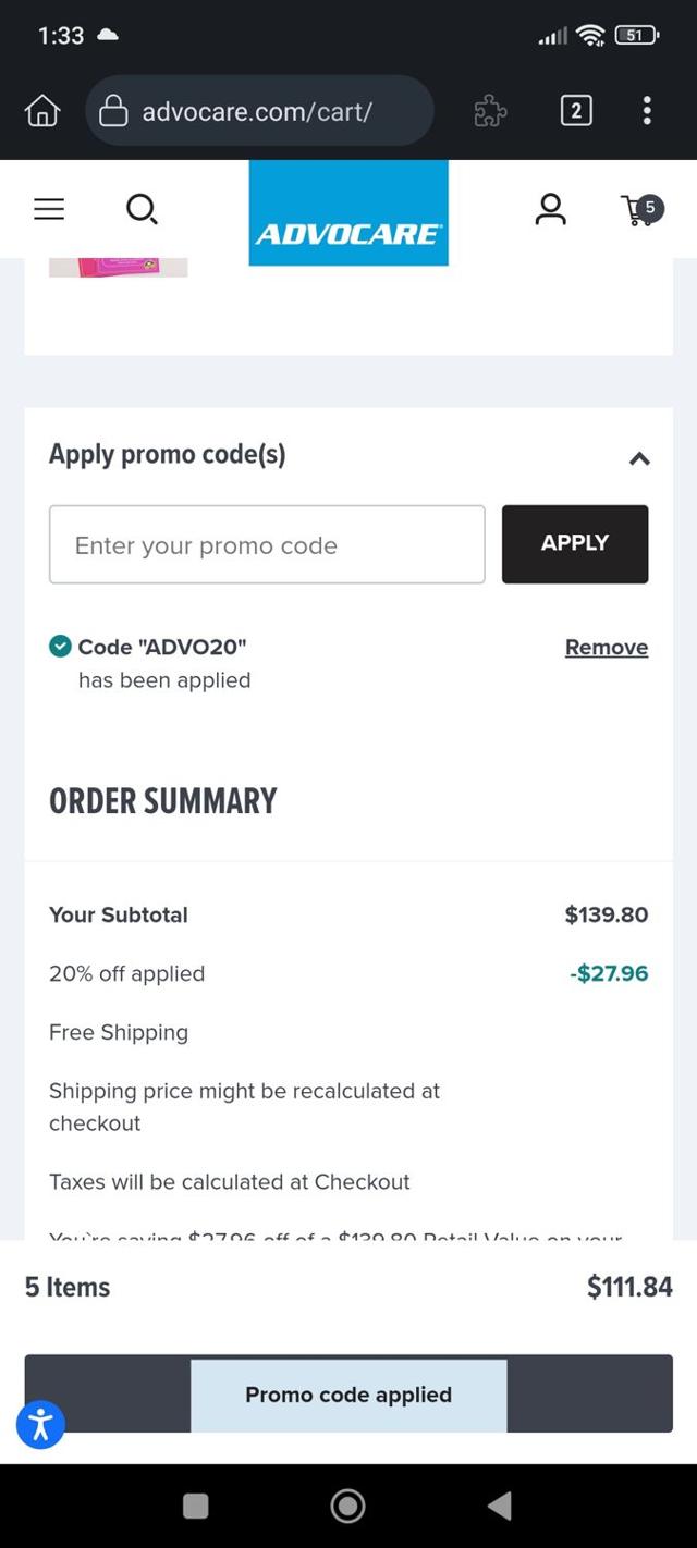 AdvoCare checkout page showing AdvoCare promo code box | Screenshot taken by SimplyCodes community member on Sep 14, 2025