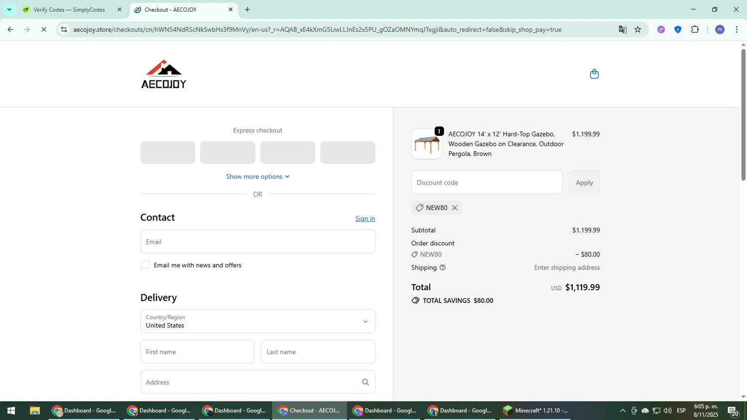 AECOJOY promo code screenshot showing code NEW80 applied at AECOJOY checkout page. Uploaded by SimplyCodes community member QuestDefender2661 on Nov 8, 2025