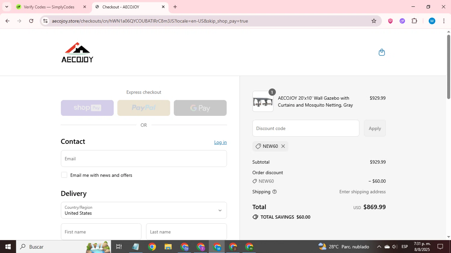 AECOJOY promo code screenshot showing code NEW60 applied at AECOJOY checkout page. Uploaded by SimplyCodes community member LegendaryCurator1585 on Aug 8, 2025