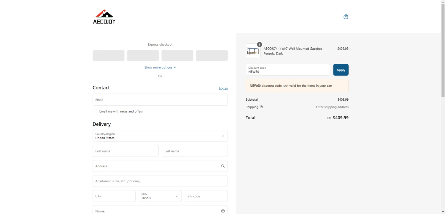 AECOJOY promo code screenshot showing code NEW60 applied at AECOJOY checkout page. Uploaded by SimplyCodes community member ValueWarden2887 on May 16, 2025