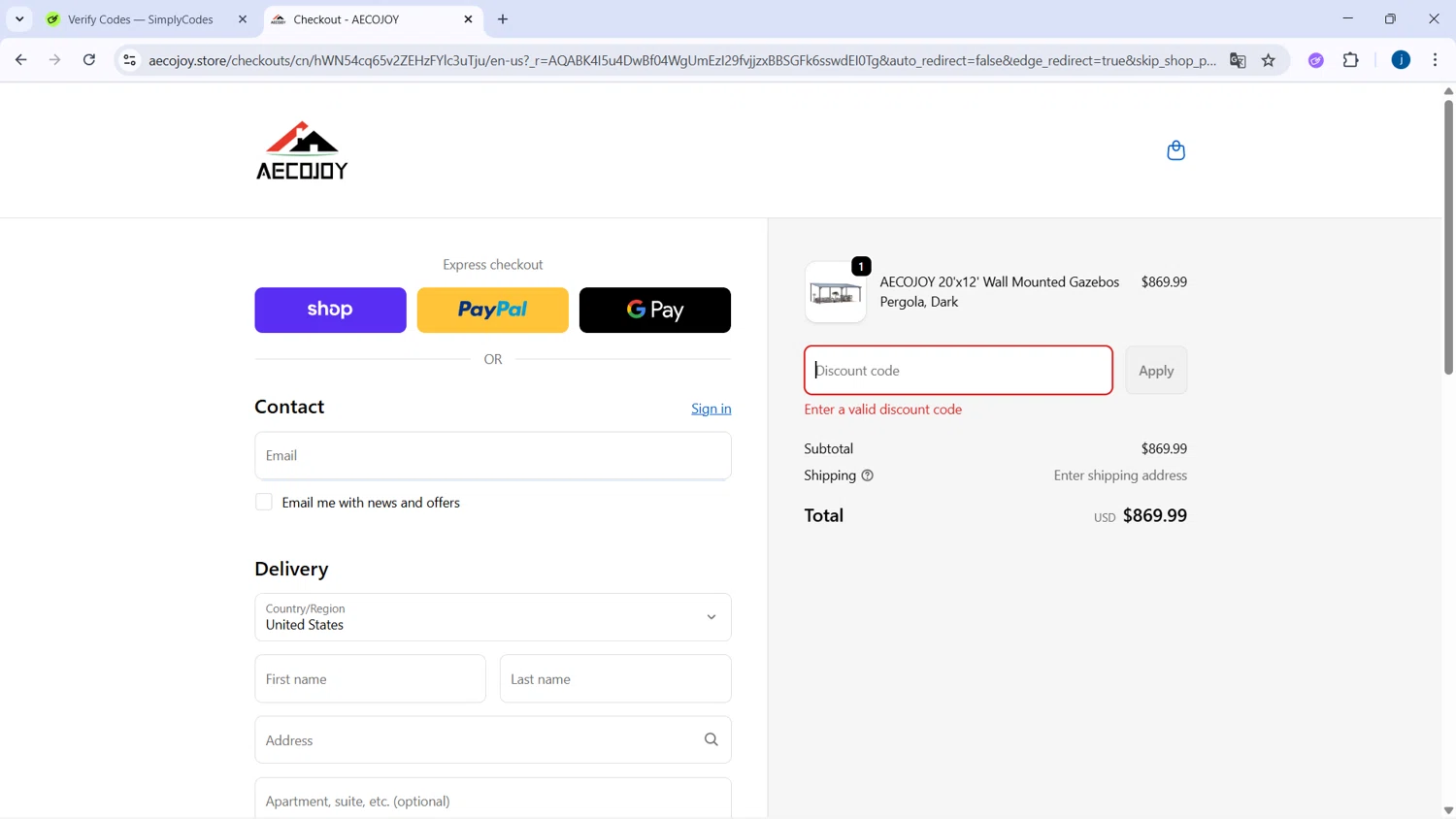 AECOJOY promo code screenshot showing code aecojoy10 applied at AECOJOY checkout page. Uploaded by SimplyCodes community member CodeSaver4373 on Nov 9, 2025
