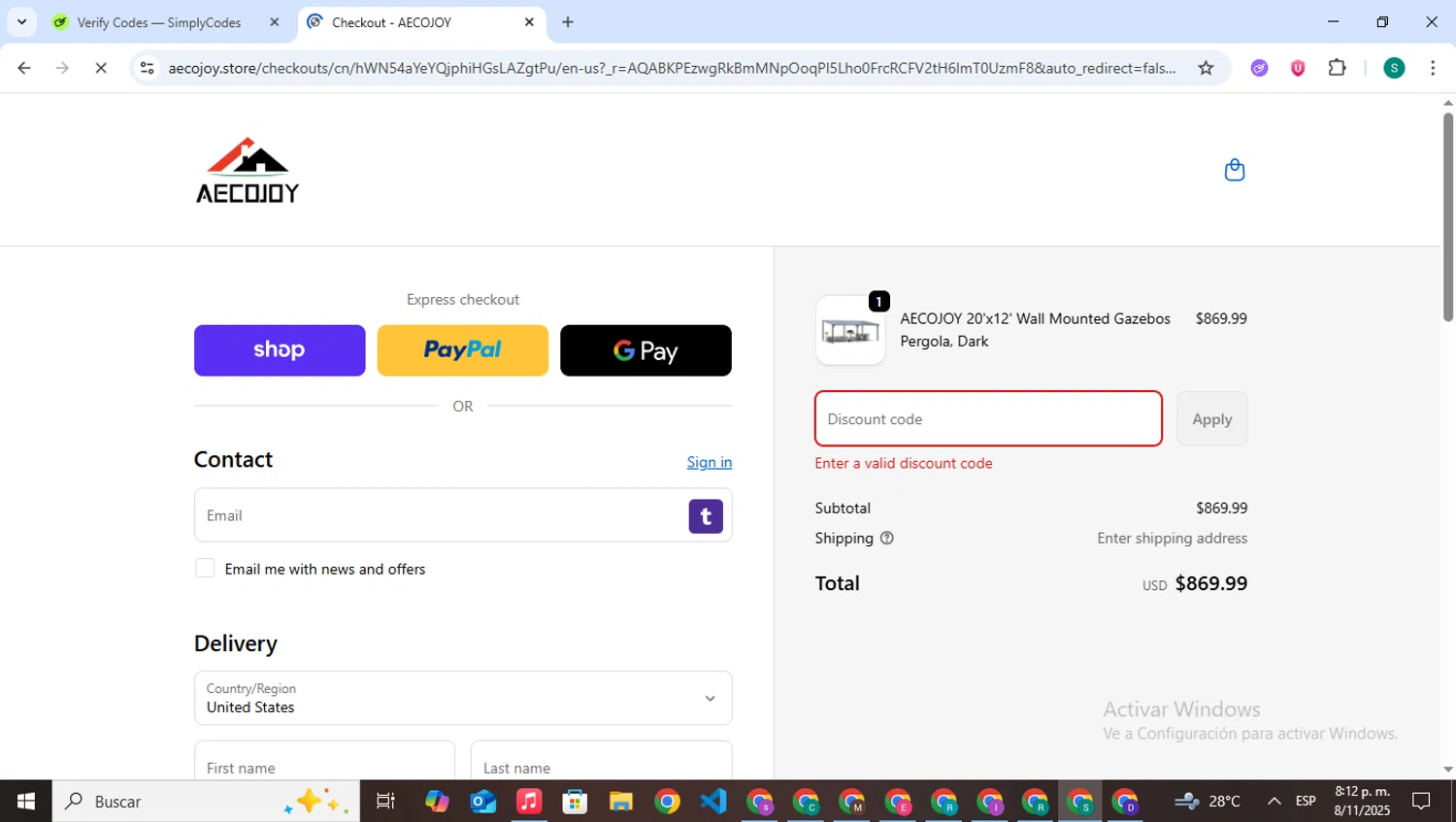 AECOJOY promo code screenshot showing code aecojoy10 applied at AECOJOY checkout page. Uploaded by SimplyCodes community member VictoriousPilot5281 on Nov 9, 2025