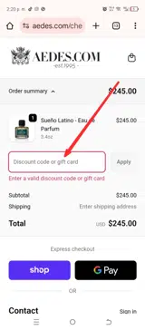 Aedes coupon verification screenshot