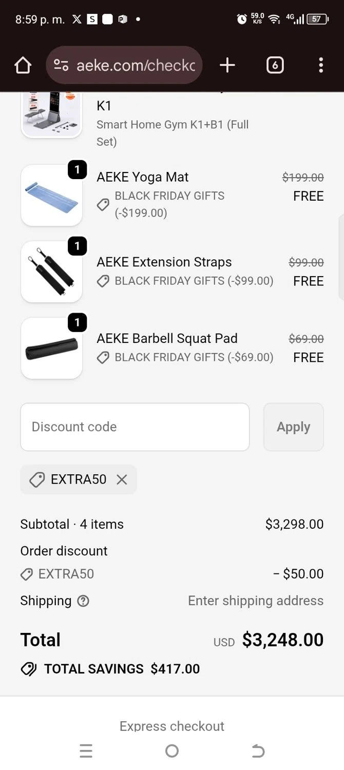 AEKE promo code screenshot showing code Extra50 applied at AEKE checkout page. Uploaded by SimplyCodes community member kellymoreno on Nov 21, 2025