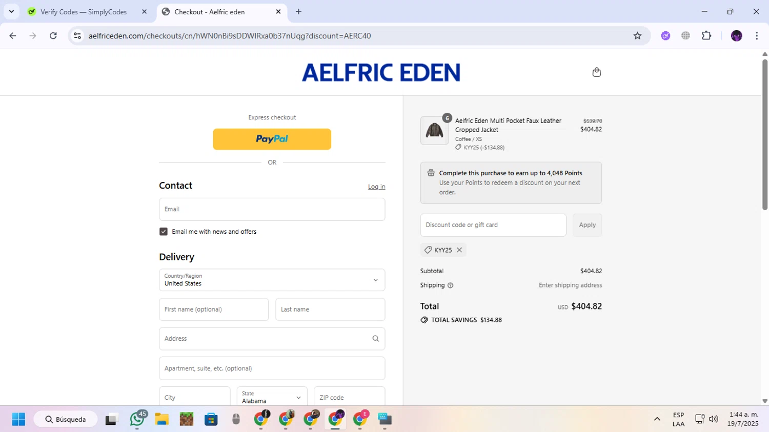 Aelfric Eden discount code screenshot showing code KYY25 applied at Aelfric Eden checkout page. Uploaded by SimplyCodes community member GloriousGuardian9063 on Jul 19, 2025