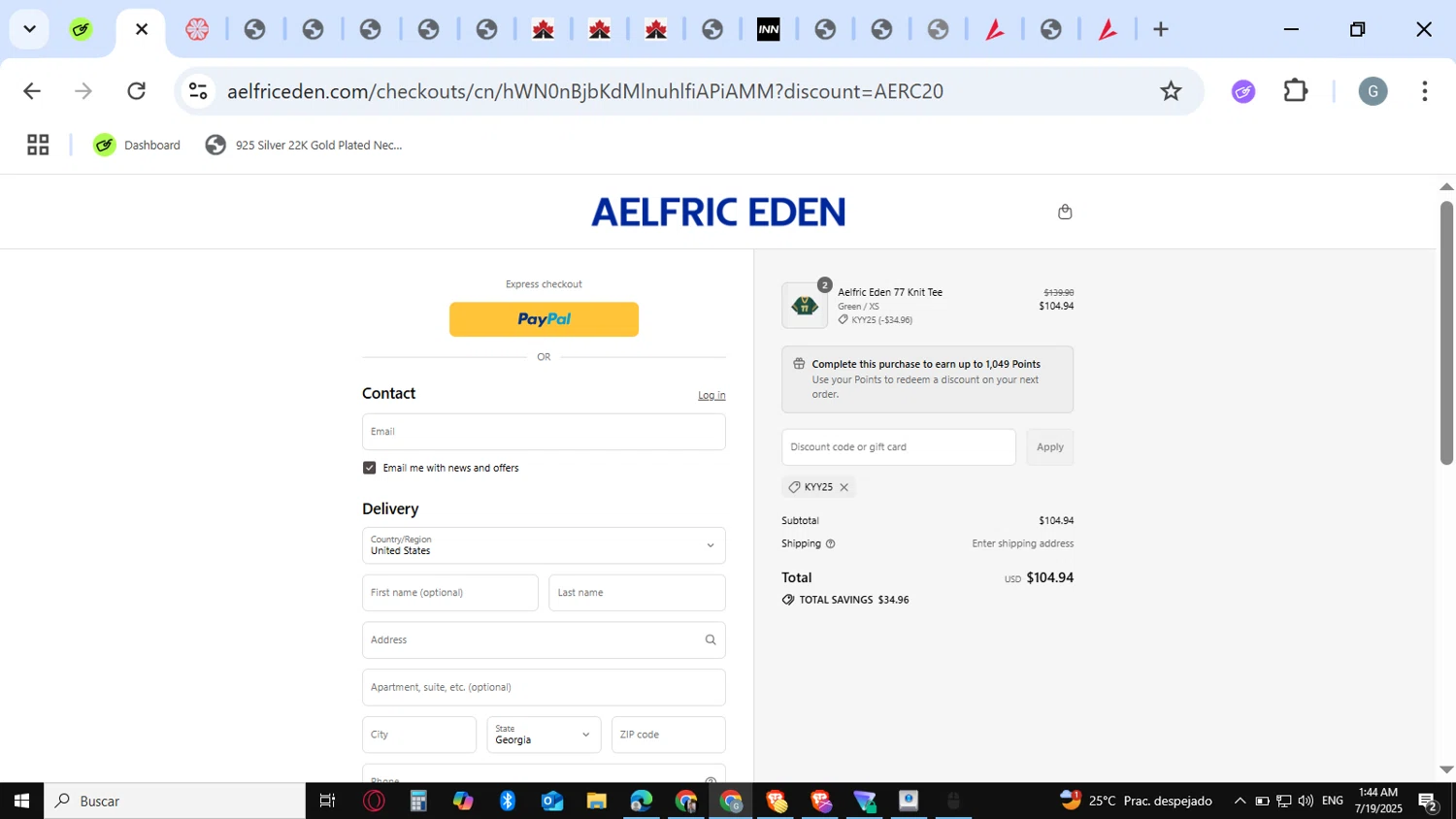 Aelfric Eden discount code screenshot showing code KYY25 applied at Aelfric Eden checkout page. Uploaded by SimplyCodes community member guest_623525963 on Jul 19, 2025