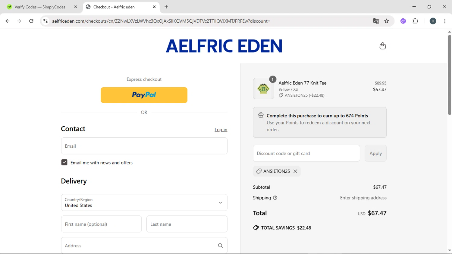 Aelfric Eden discount code screenshot showing code ANSIETON25 applied at Aelfric Eden checkout page. Uploaded by SimplyCodes community member YAMAHA on Jun 25, 2025