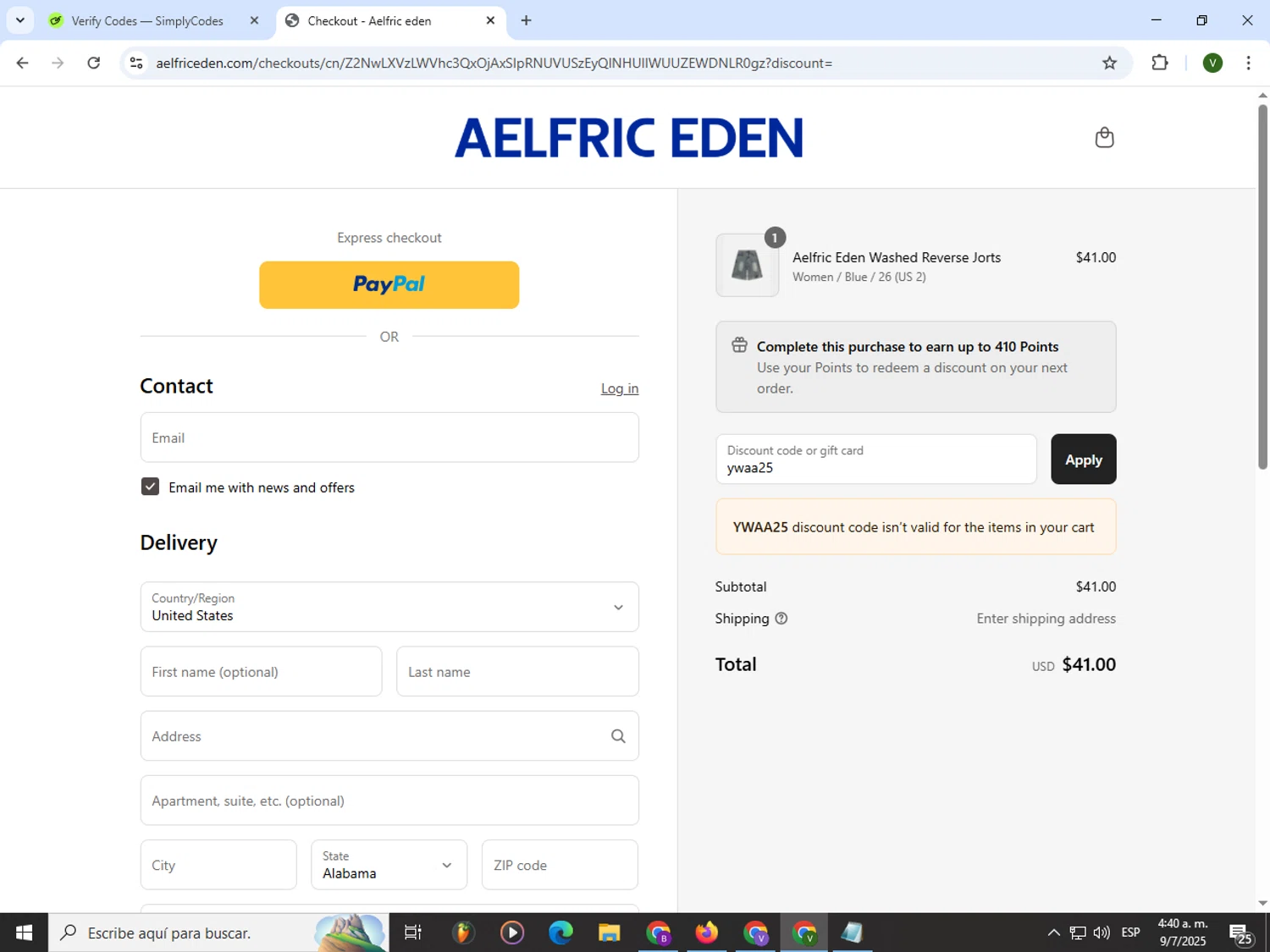 Aelfric Eden discount code screenshot showing code ywaa25 applied at Aelfric Eden checkout page. Uploaded by SimplyCodes community member PrimeWizard4168 on Jul 9, 2025
