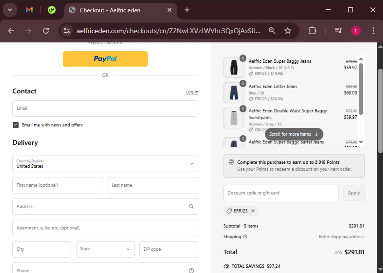 Aelfric Eden discount code screenshot showing code erri25 applied at Aelfric Eden checkout page. Uploaded by SimplyCodes community member WiseScout3498 on Apr 22, 2025