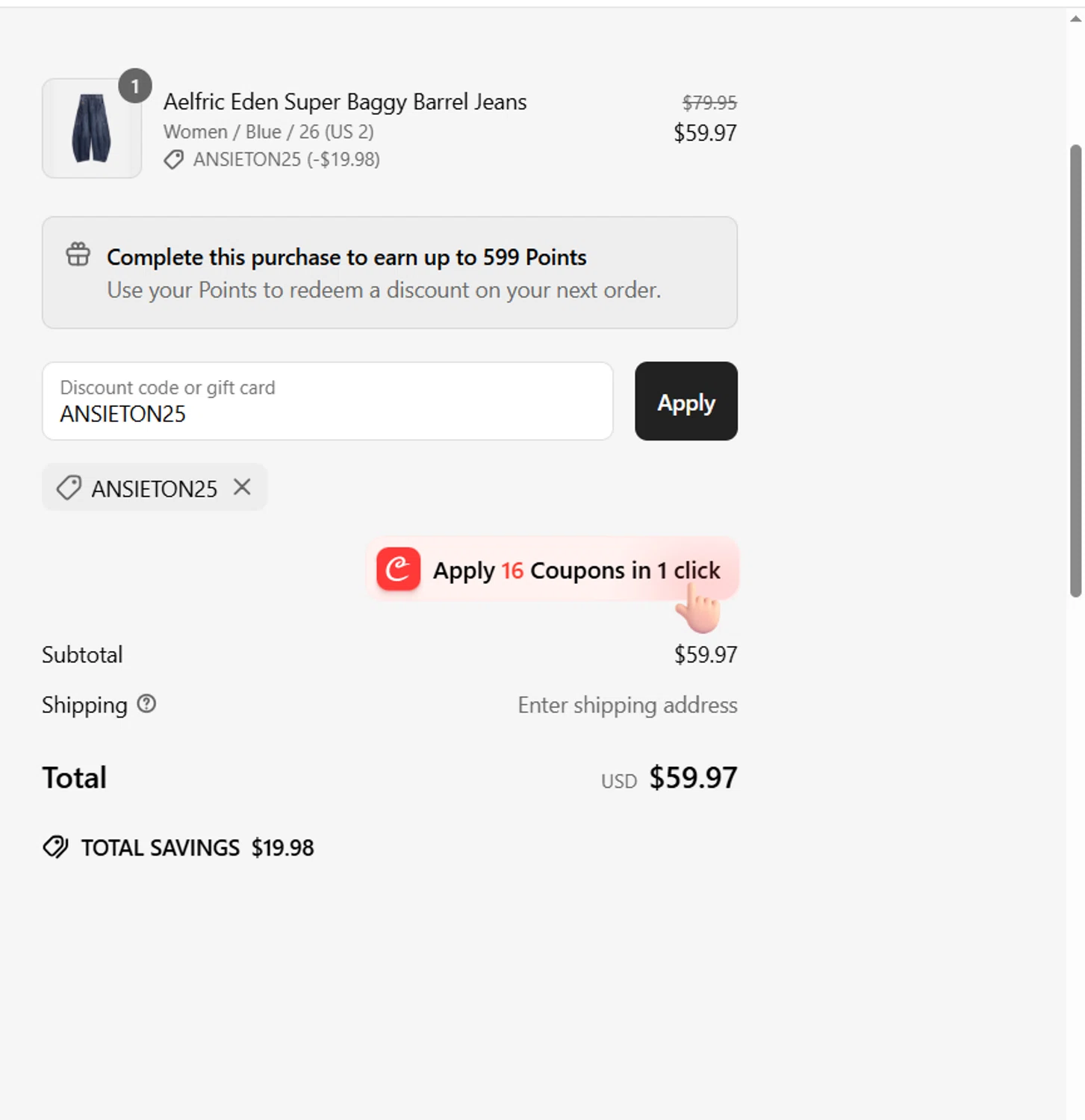 Aelfric Eden discount code screenshot showing code ANSIETON25 applied at Aelfric Eden checkout page. Uploaded by SimplyCodes community member pompomeranz09c754 on Apr 22, 2025