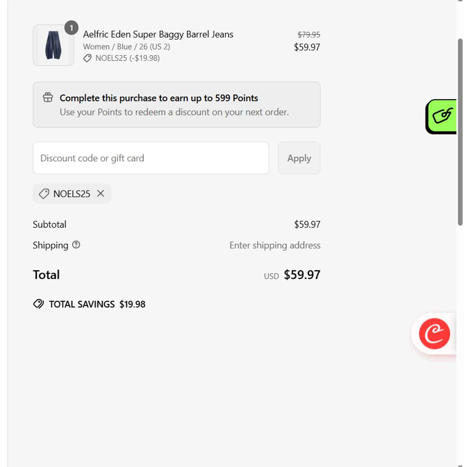 Aelfric Eden discount code screenshot showing code Noels25 applied at Aelfric Eden checkout page. Uploaded by SimplyCodes community member pompomeranz09c754 on Apr 22, 2025
