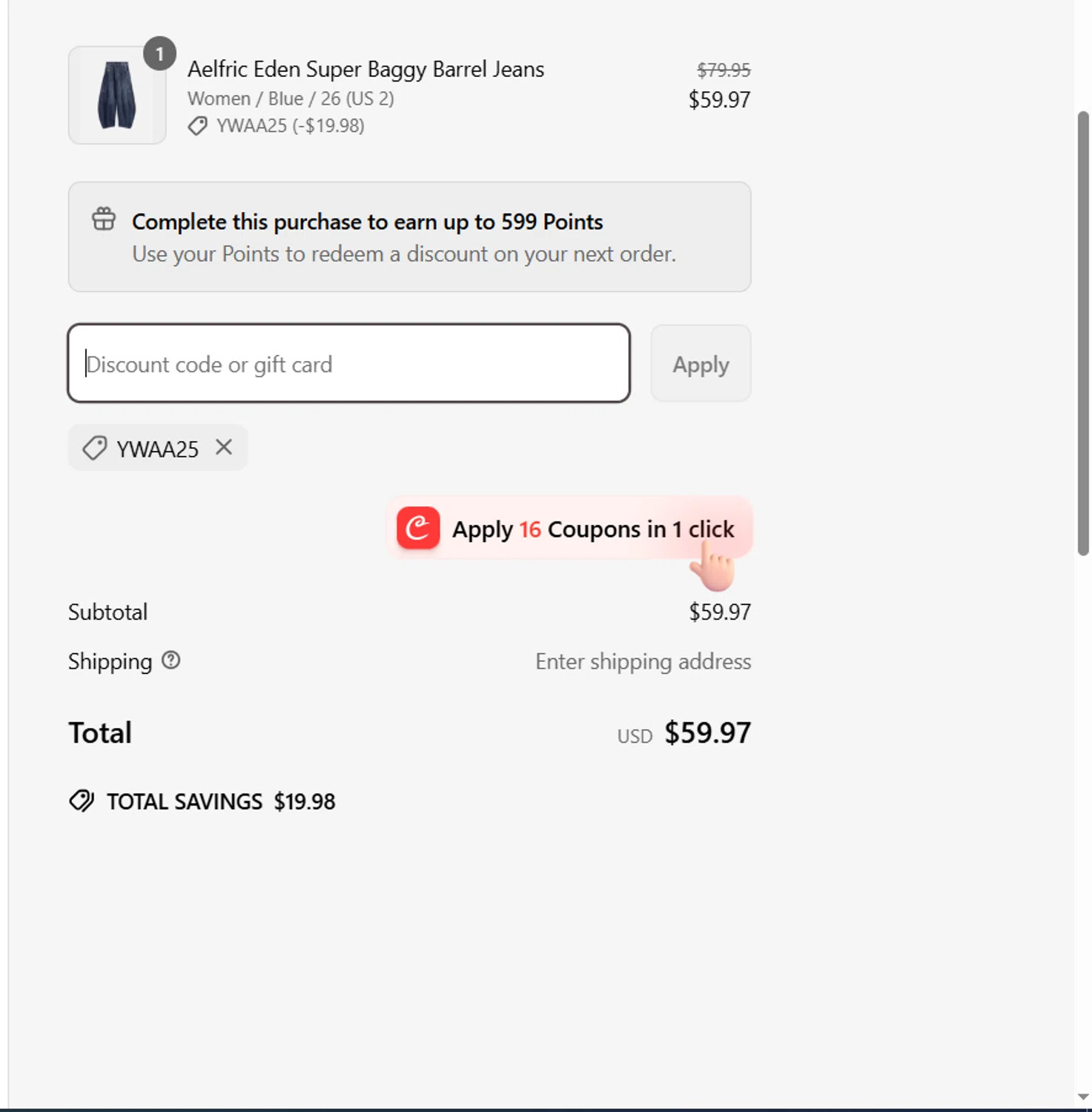 Aelfric Eden discount code screenshot showing code ywaa25 applied at Aelfric Eden checkout page. Uploaded by SimplyCodes community member pompomeranz09c754 on Apr 22, 2025