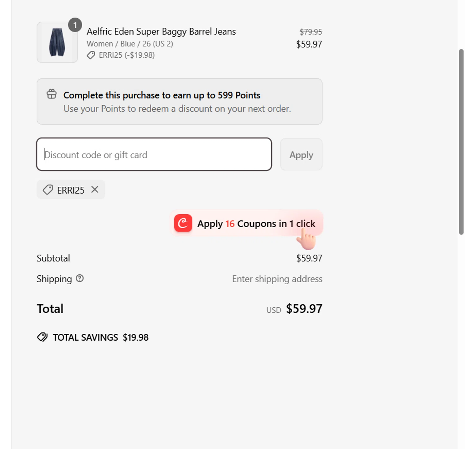 Aelfric Eden discount code screenshot showing code erri25 applied at Aelfric Eden checkout page. Uploaded by SimplyCodes community member pompomeranz09c754 on Apr 22, 2025