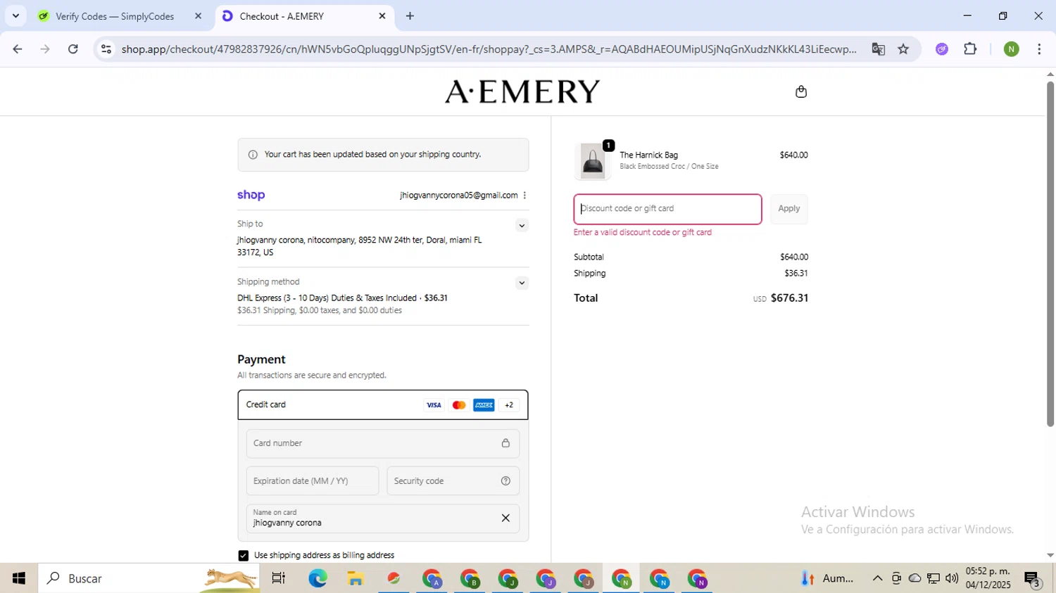 A.EMERY promo code screenshot showing code PRIVATESALE applied at A.EMERY checkout page. Uploaded by SimplyCodes community member TokenMaverick6956 on Dec 4, 2025