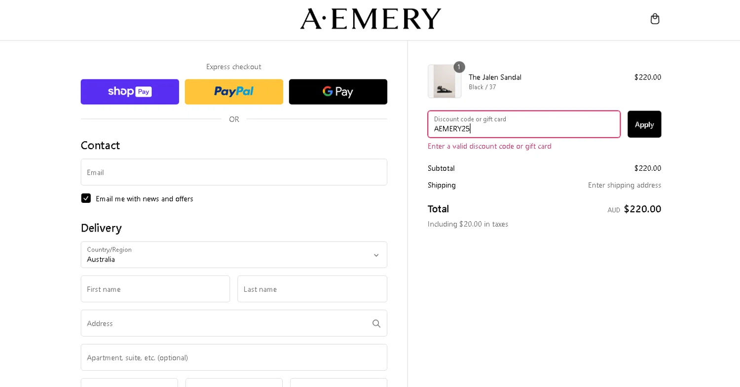 A.EMERY promo code screenshot showing code AEMERY25 applied at A.EMERY checkout page. Uploaded by SimplyCodes community member Jnueel_10 on Mar 3, 2025