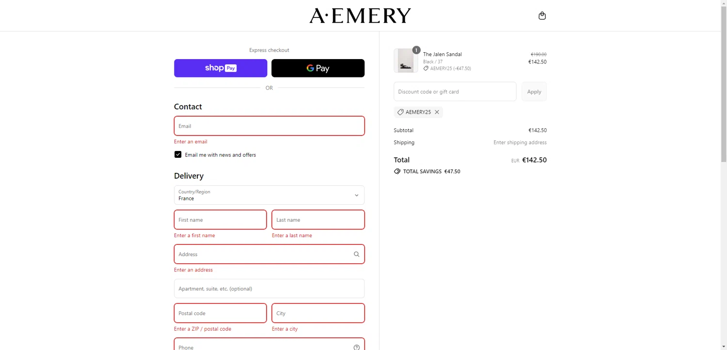 A.EMERY promo code screenshot showing code AEMERY25 applied at A.EMERY checkout page. Uploaded by SimplyCodes community member PennyRanger8219 on Jul 14, 2025