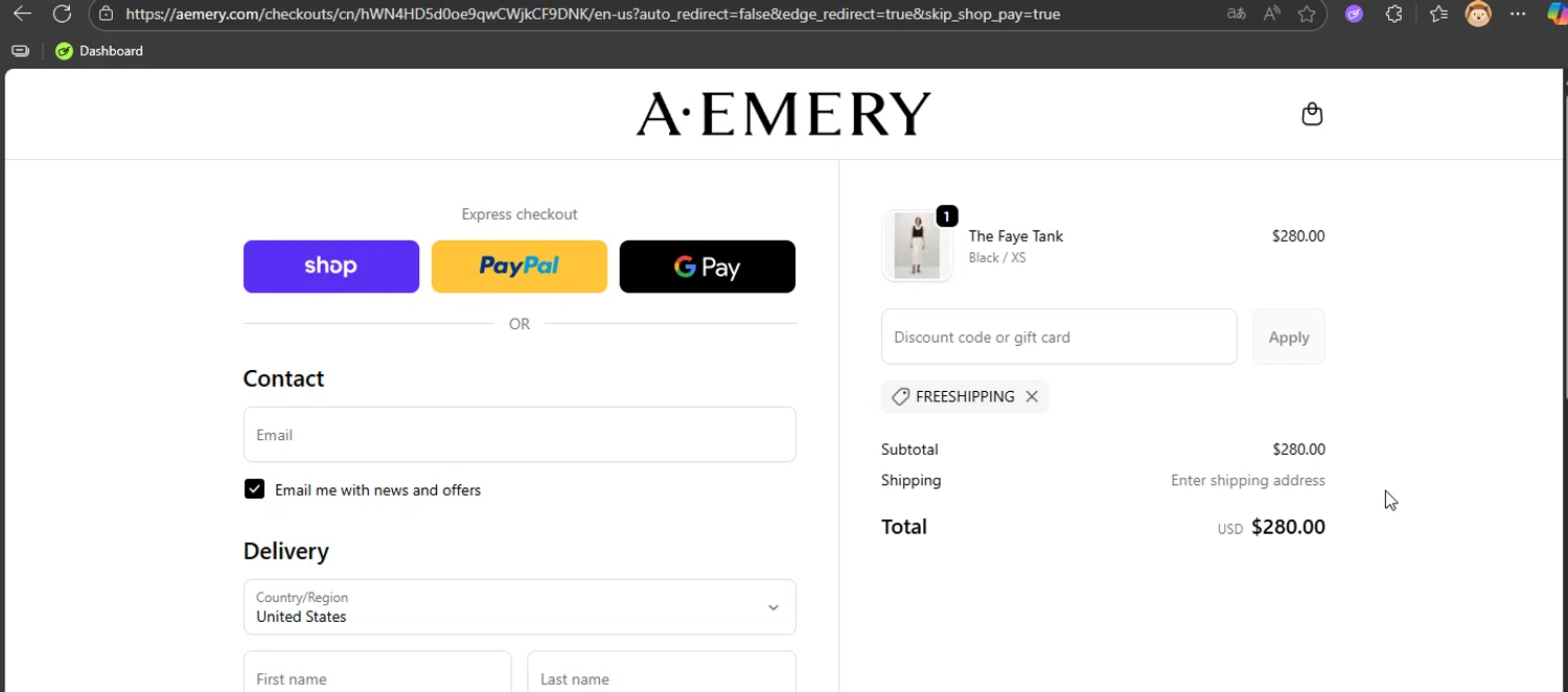 A.EMERY promo code screenshot showing code FREESHIPPING applied at A.EMERY checkout page. Uploaded by SimplyCodes community member BrolySama on Oct 19, 2025