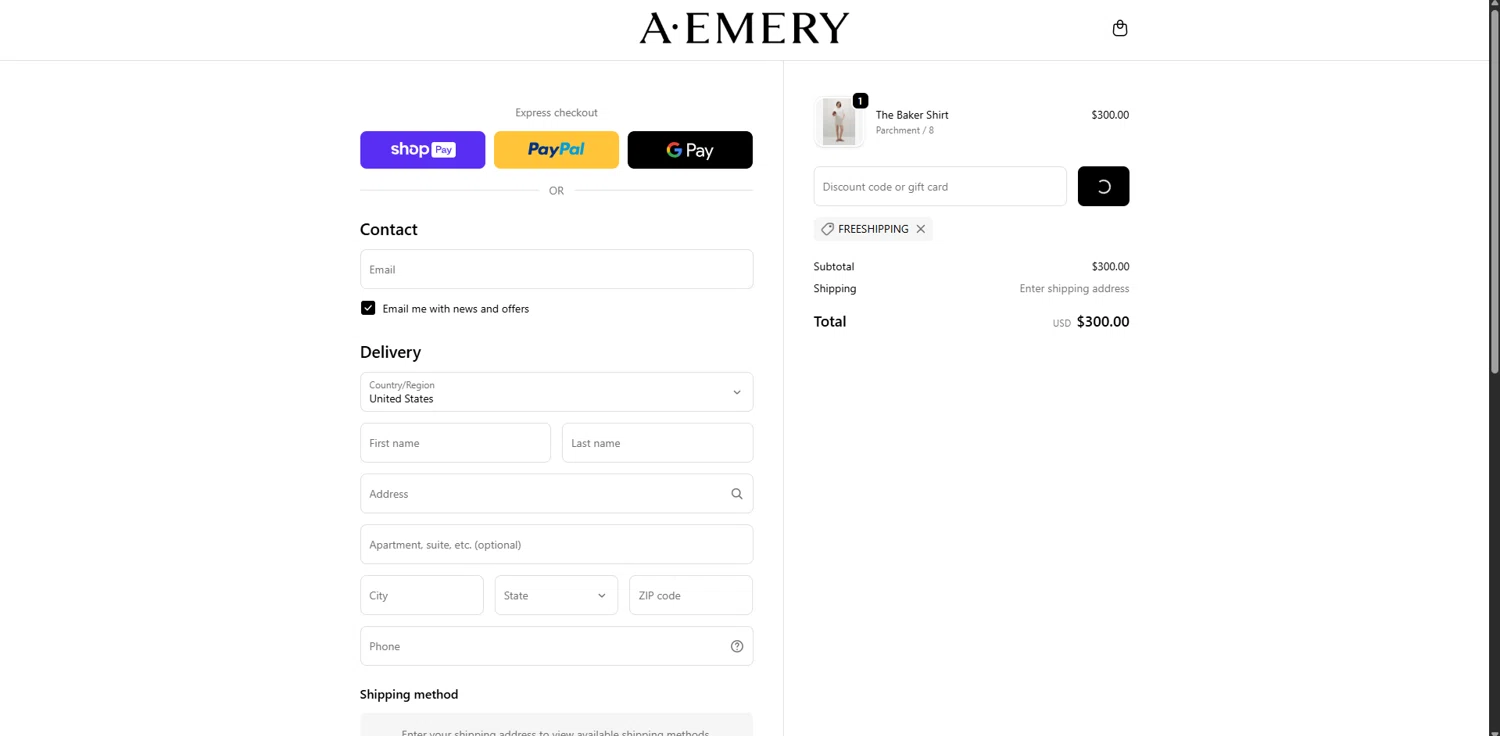 A.EMERY checkout page showing A.EMERY promo code box | Screenshot taken by SimplyCodes community member on Jan 7, 2026