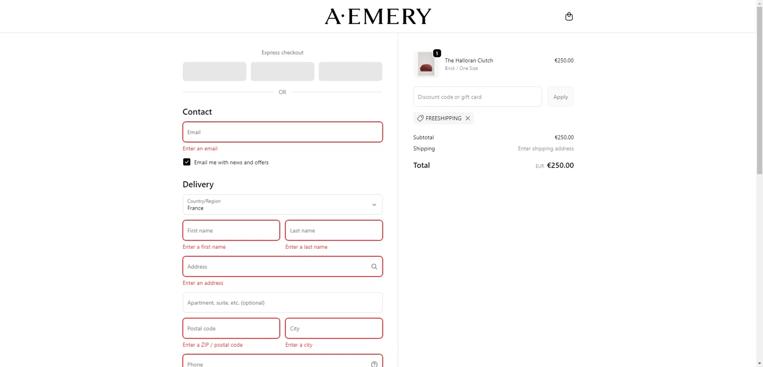 A.EMERY promo code screenshot showing code FREESHIPPING applied at A.EMERY checkout page. Uploaded by SimplyCodes community member CrownWhiz8114 on Oct 19, 2025