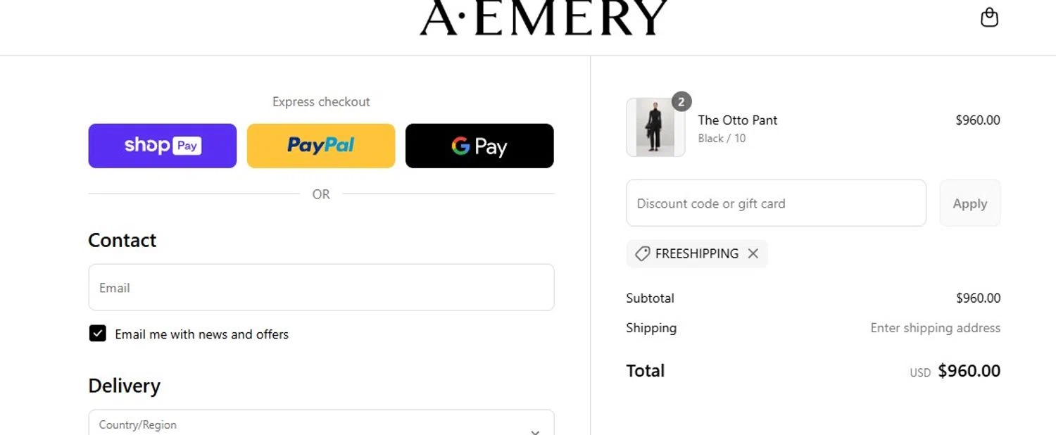 A.EMERY promo code screenshot showing code FREESHIPPING applied at A.EMERY checkout page. Uploaded by SimplyCodes community member Quemiras on Jul 14, 2025