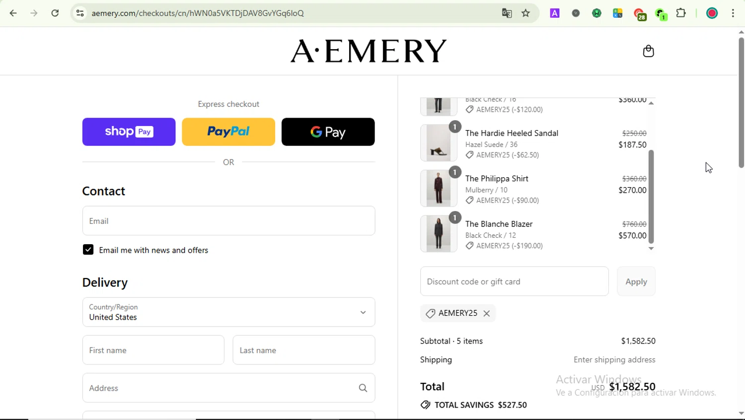 A.EMERY promo code screenshot showing code AEMERY25 applied at A.EMERY checkout page. Uploaded by SimplyCodes community member LOVECOUPON on Jul 13, 2025