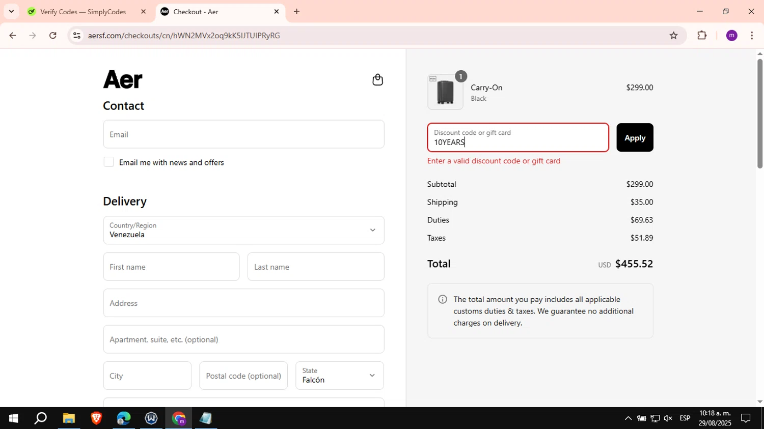 Aer promo code screenshot showing code 10YEARS applied at Aer checkout page. Uploaded by SimplyCodes community member VictoriousCurator6515 on Aug 29, 2025