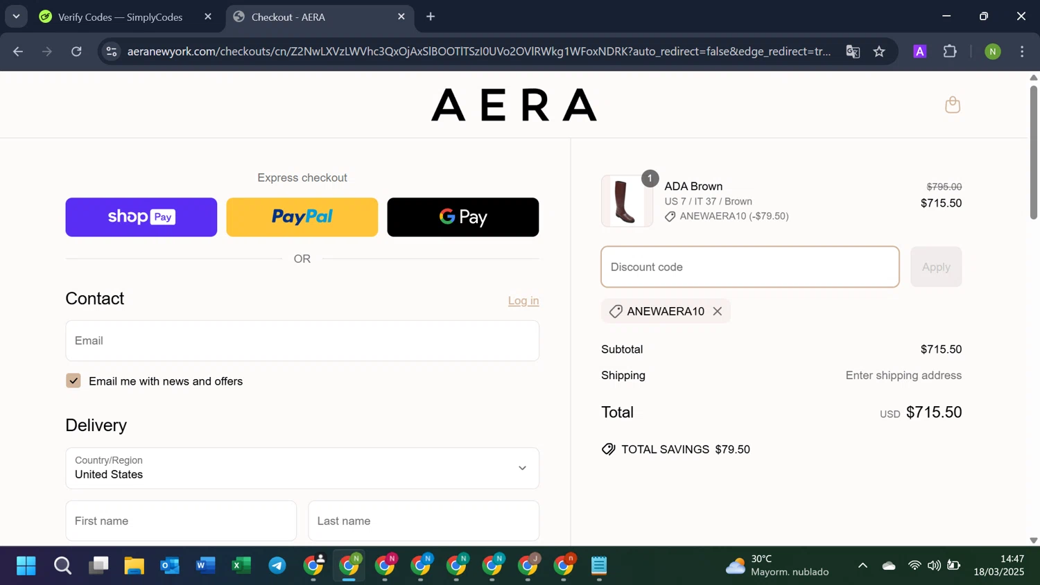 AERA discount code screenshot showing code ANEWAERA10 applied at AERA checkout page. Uploaded by SimplyCodes community member LuckyKnight4806 on Mar 18, 2025