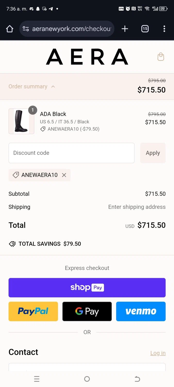 AERA discount code screenshot showing code ANEWAERA10 applied at AERA checkout page. Uploaded by SimplyCodes community member kikimbappe on Jan 28, 2025