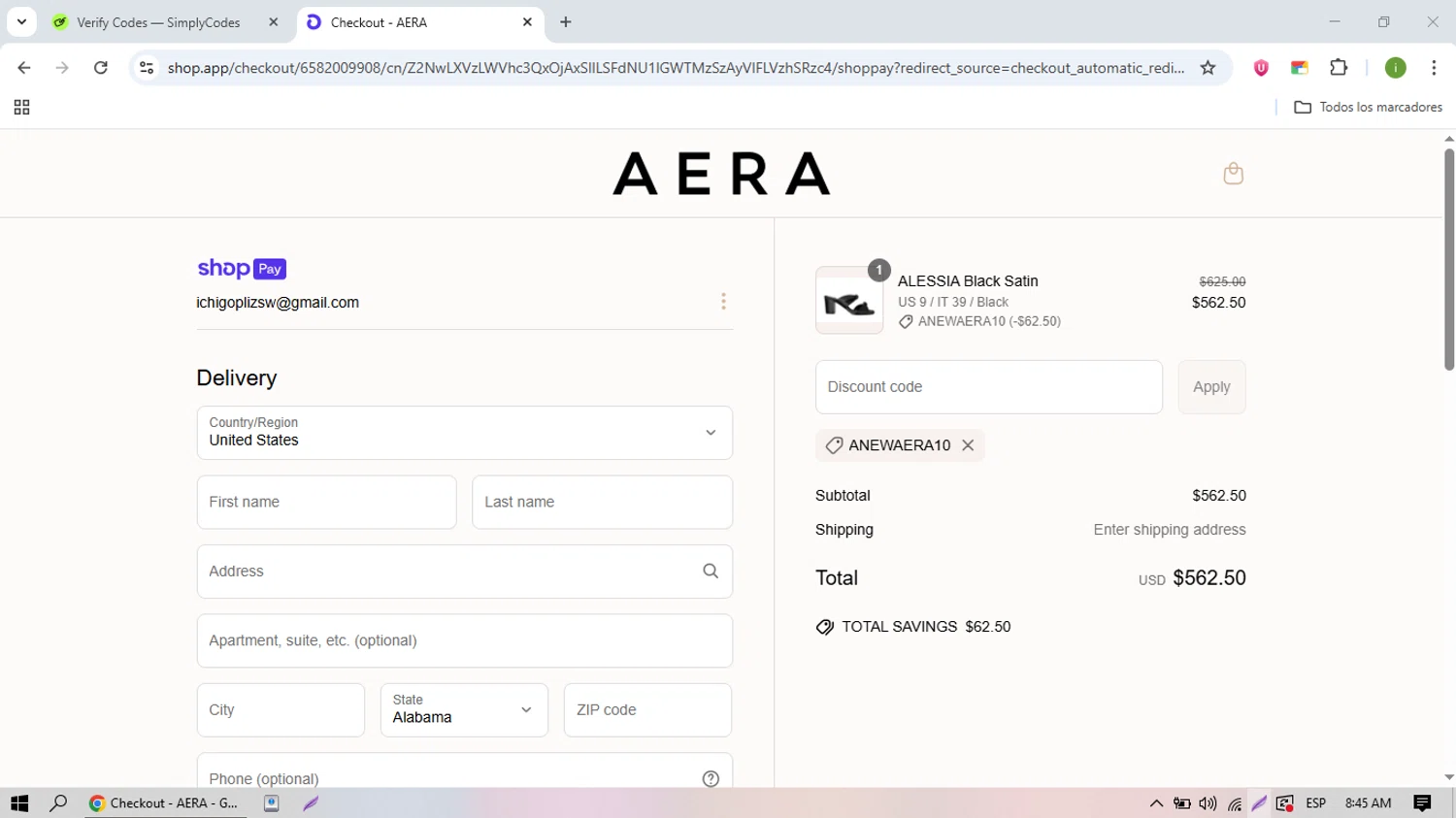 AERA discount code screenshot showing code ANEWAERA10 applied at AERA checkout page. Uploaded by SimplyCodes community member nicolasquevedo on Jun 25, 2025