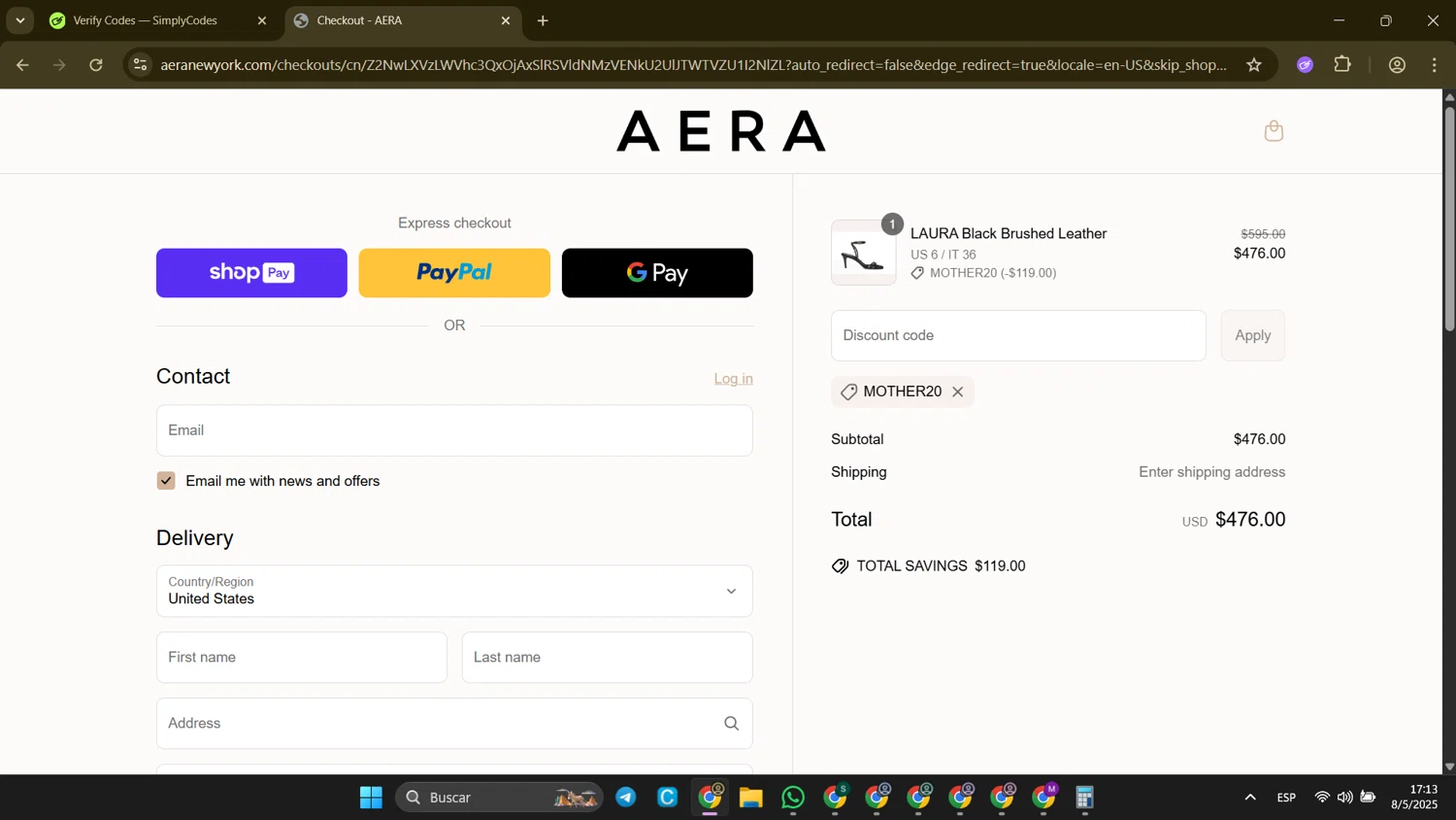 AERA discount code screenshot showing code MOTHER20 applied at AERA checkout page. Uploaded by SimplyCodes community member CleverLion9708 on May 8, 2025