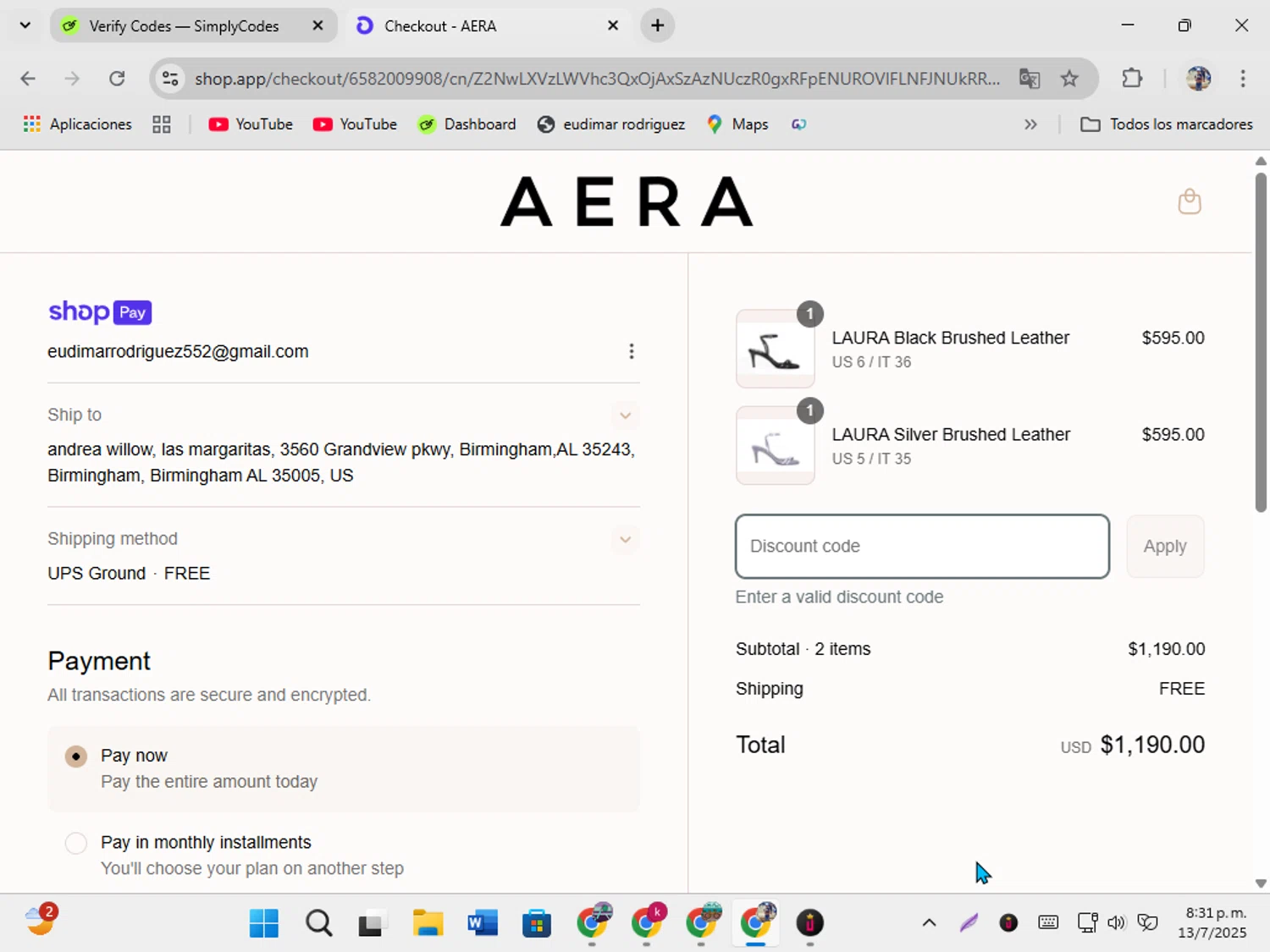 AERA discount code screenshot showing code FAYE15 applied at AERA checkout page. Uploaded by SimplyCodes community member ShrewdSeeker5445 on Jul 14, 2025