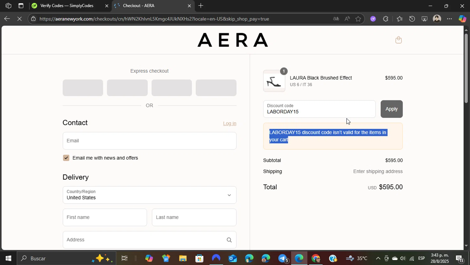 AERA discount code screenshot showing code LABORDAY15 applied at AERA checkout page. Uploaded by SimplyCodes community member WonderKnight7884 on Aug 28, 2025