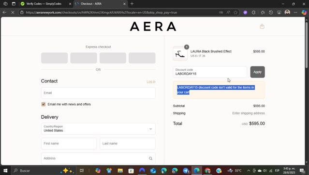 AERA checkout page showing AERA discount code box | Screenshot taken by SimplyCodes community member on Aug 28, 2025