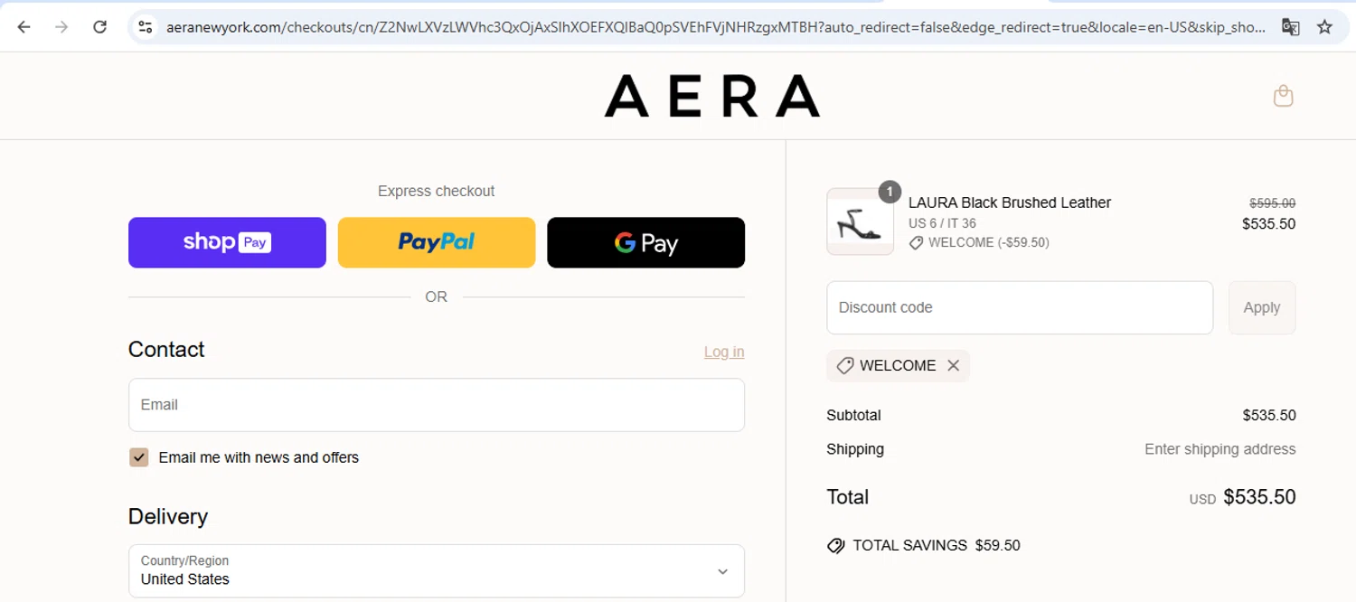 AERA discount code screenshot showing code welcome applied at AERA checkout page. Uploaded by SimplyCodes community member carol_lameda on Jun 16, 2025