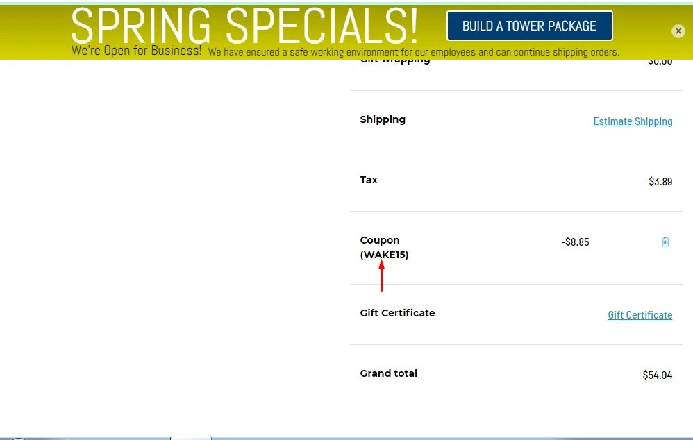 Aerial Wakeboarding checkout page showing Aerial Wakeboarding promo code box | Screenshot taken by SimplyCodes community member on Apr 28, 2021
